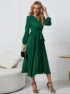 Women's long sleeve gathered midi dress with soft detailing, front view