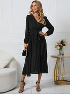 Long sleeve gathered midi dress side view
