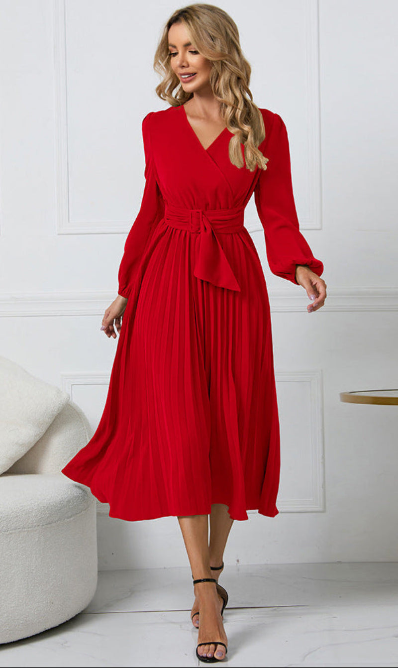 Women's elegant long sleeve gathered midi dress back view