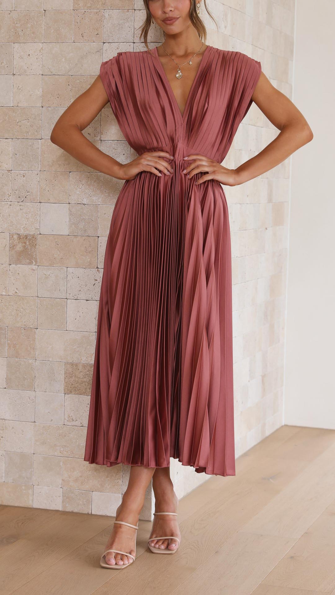 Women's pleated V-neck midi wedding guest dress, front view
