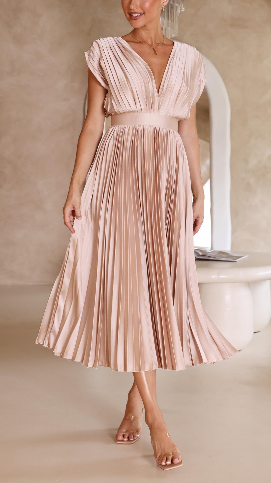 Pleated wedding guest midi dress full length view