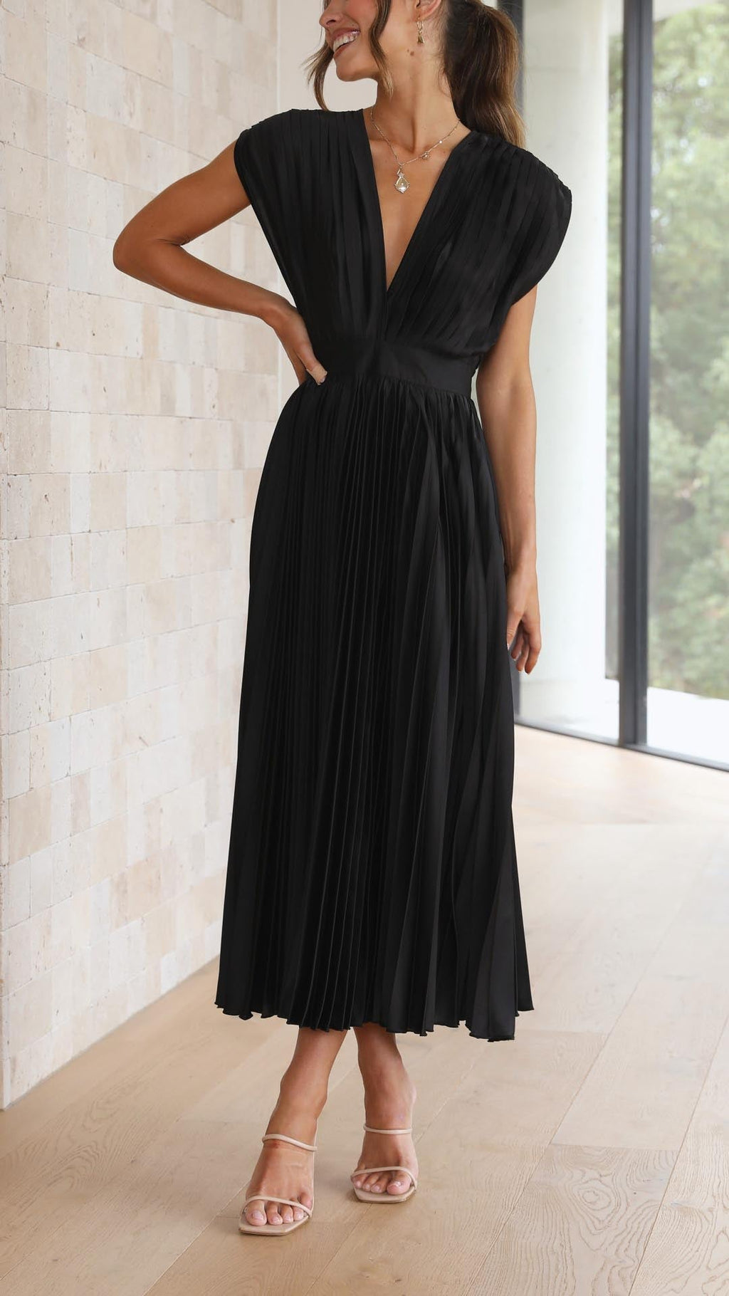 Pleated V-Neck Midi Wedding Guest Dress – Occasion