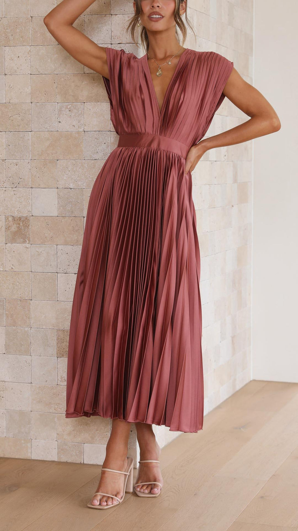 Pleated V-neck midi dress back view