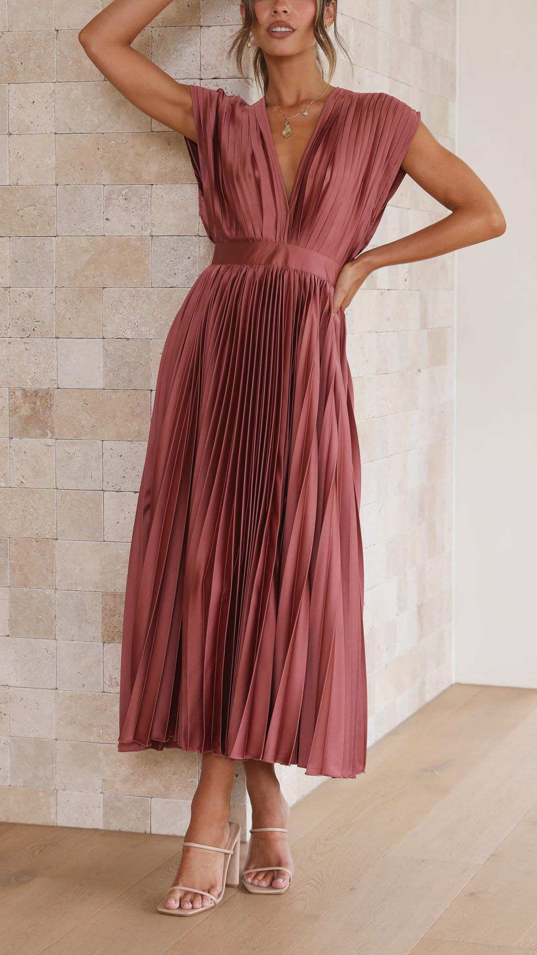 Pleated V-neck midi dress back view