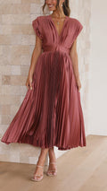 Pleated midi dress V-neckline detail