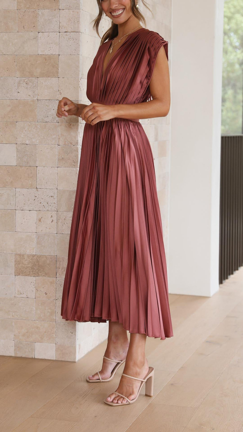 Women's pleated midi dress flowing skirt detail