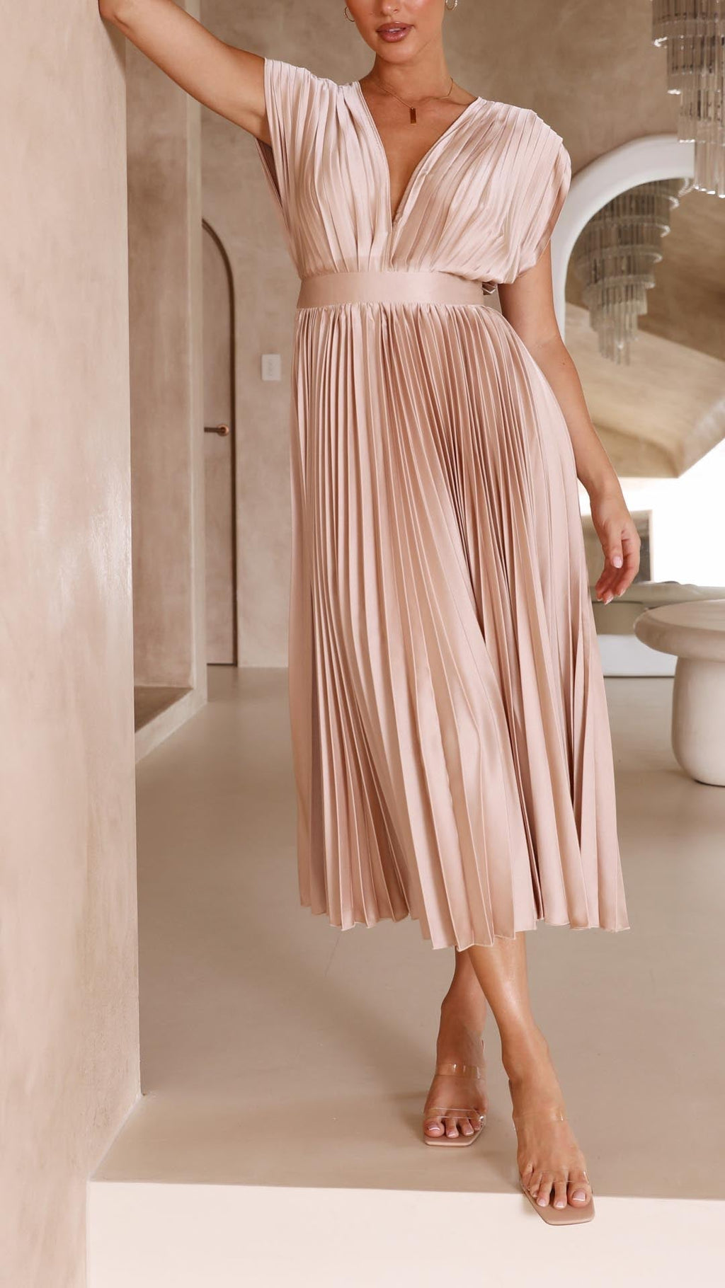 Women's pleated midi dress formal occasion styling