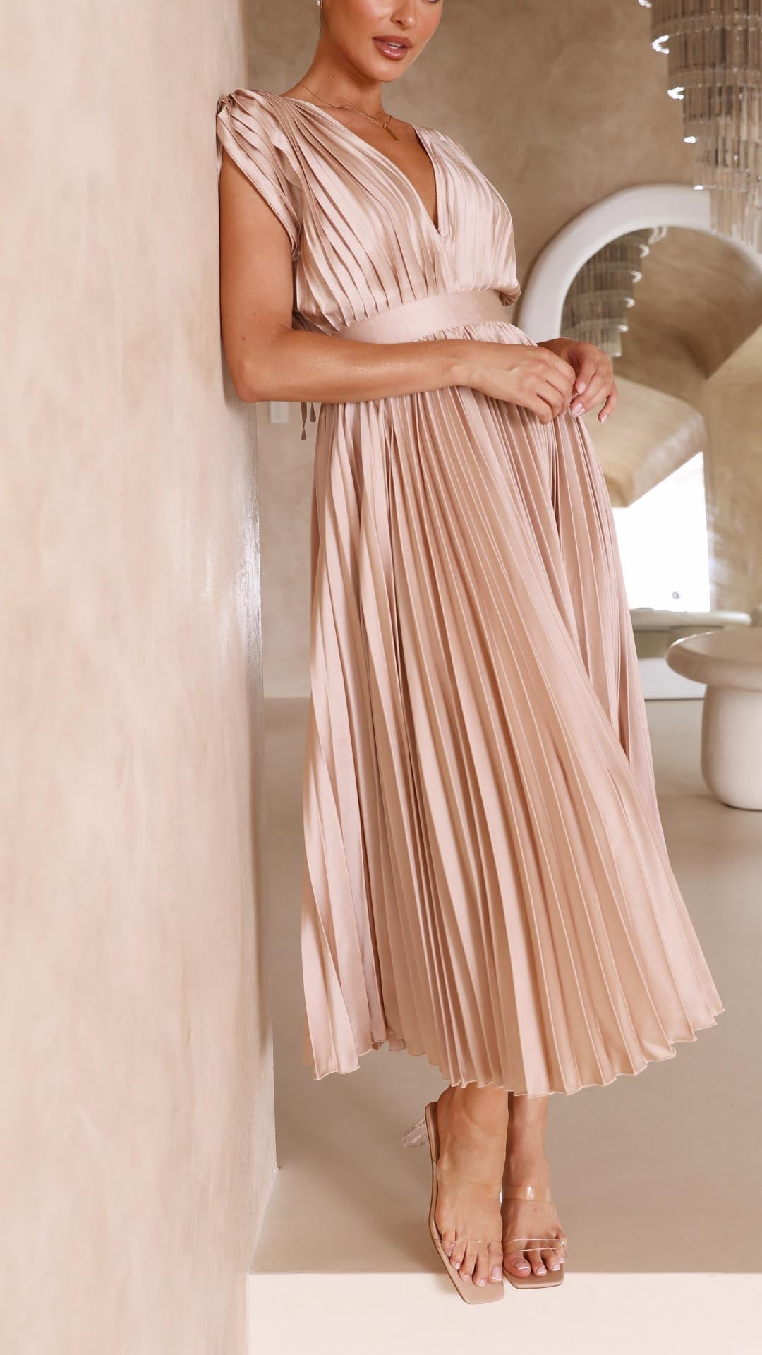 Pleated V-neck midi dress elegant silhouette