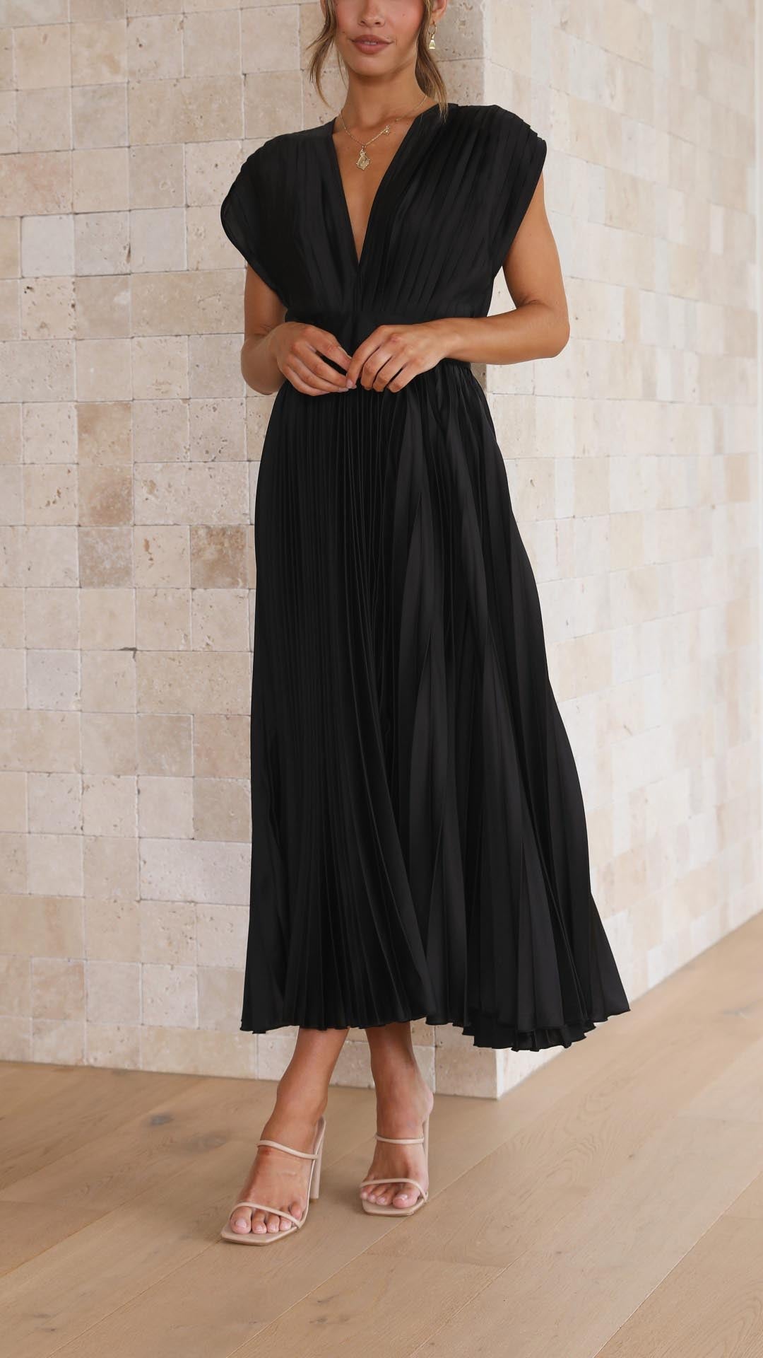 Pleated V-Neck Midi Wedding Guest Dress – Occasion