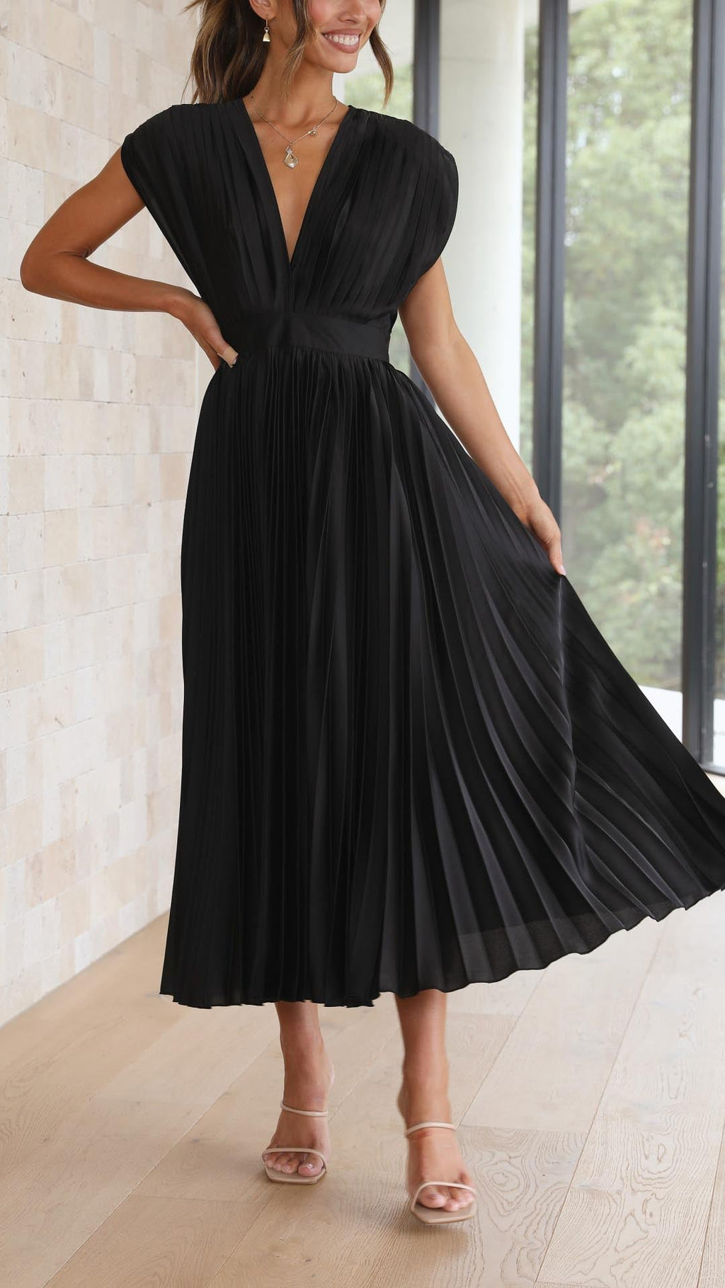 Pleated V-Neck Midi Wedding Guest Dress – Occasion