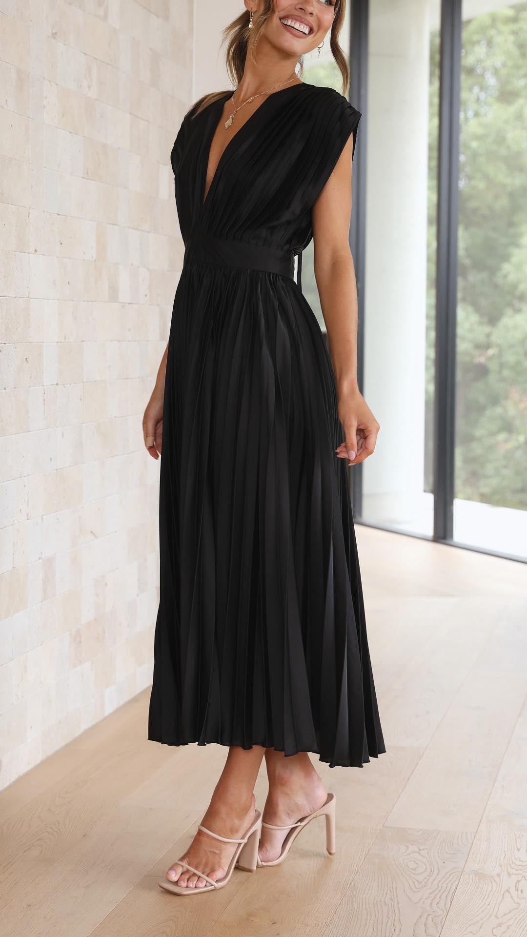 Pleated V-Neck Midi Wedding Guest Dress – Occasion
