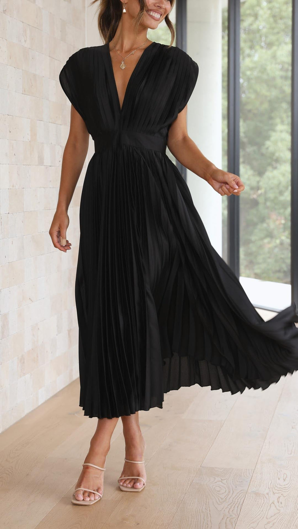 Pleated V-Neck Midi Wedding Guest Dress – Occasion
