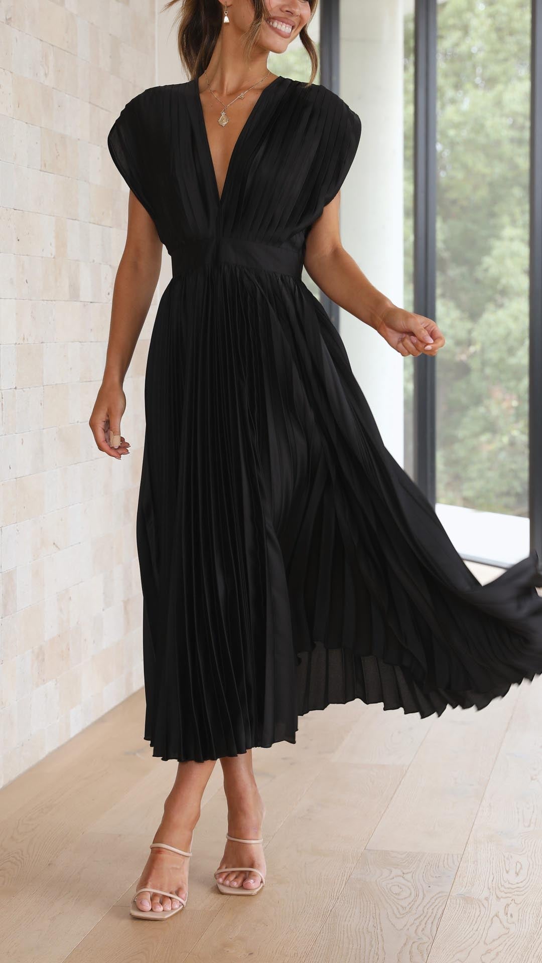 Pleated V-Neck Midi Wedding Guest Dress – Occasion