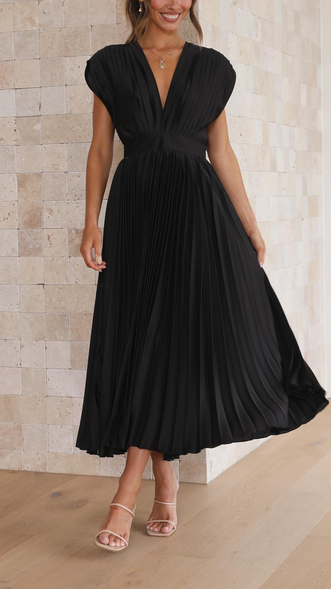 Pleated V-Neck Midi Wedding Guest Dress – Occasion