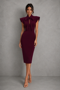 Stand collar bow tie midi dress, front view