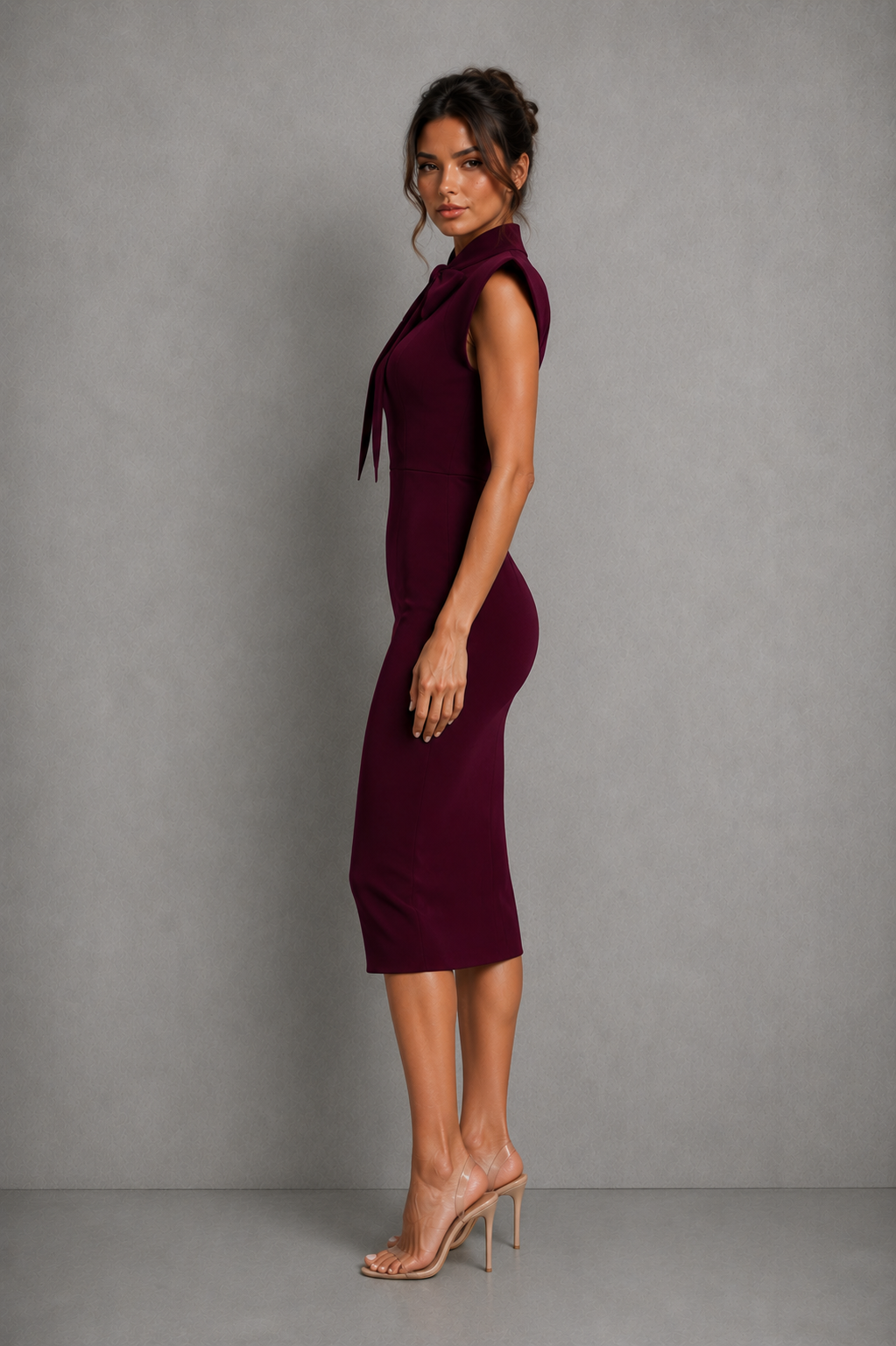 Stand collar bow tie midi dress