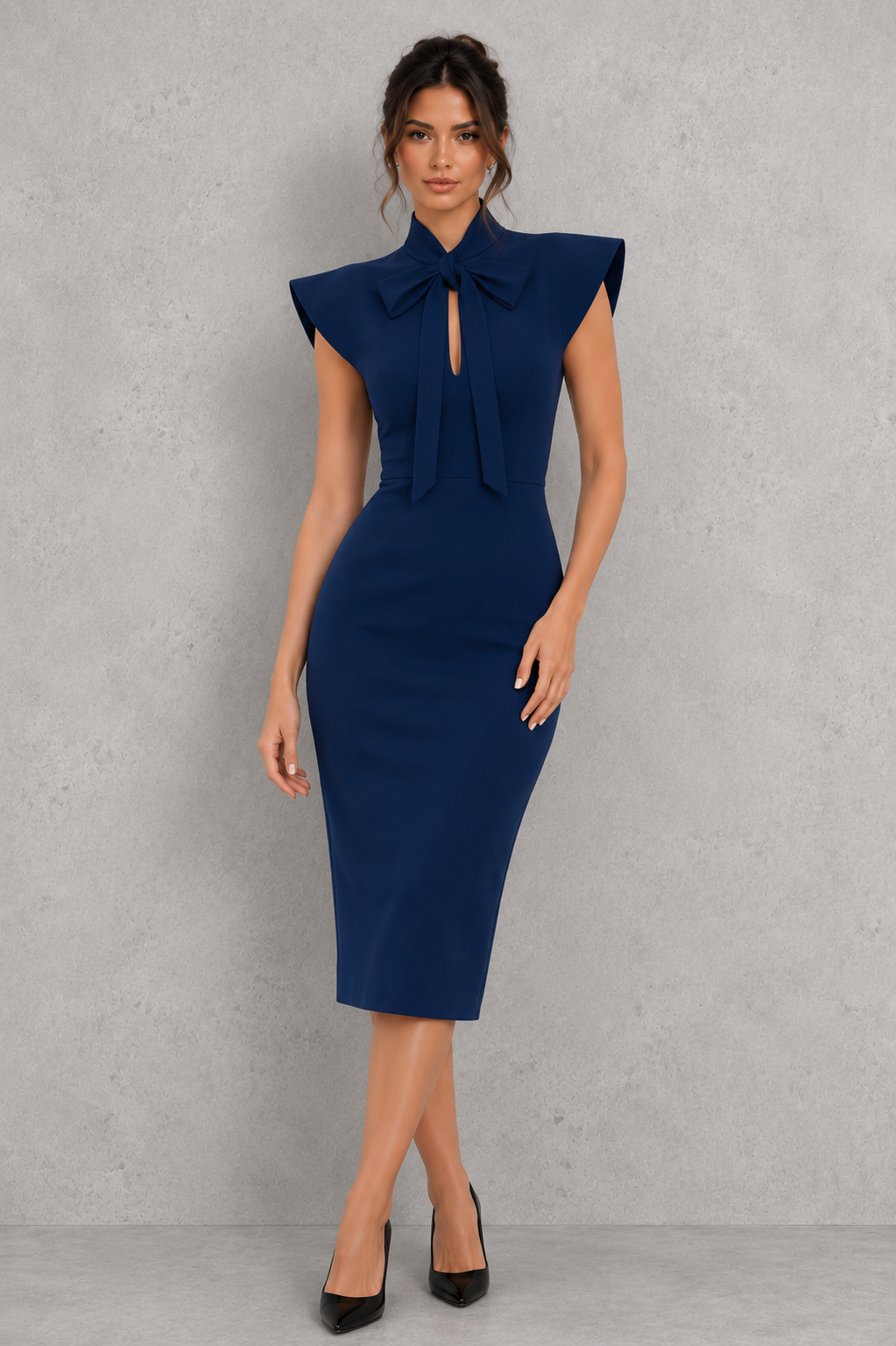Stand collar bow tie midi dress