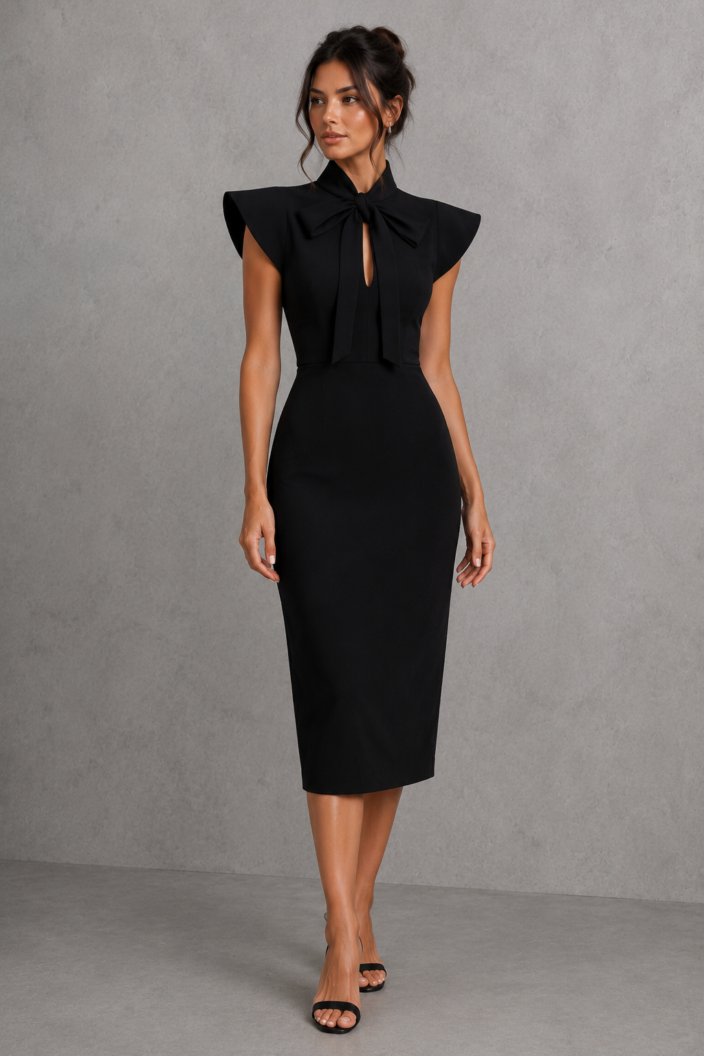 Stand collar bow tie midi dress