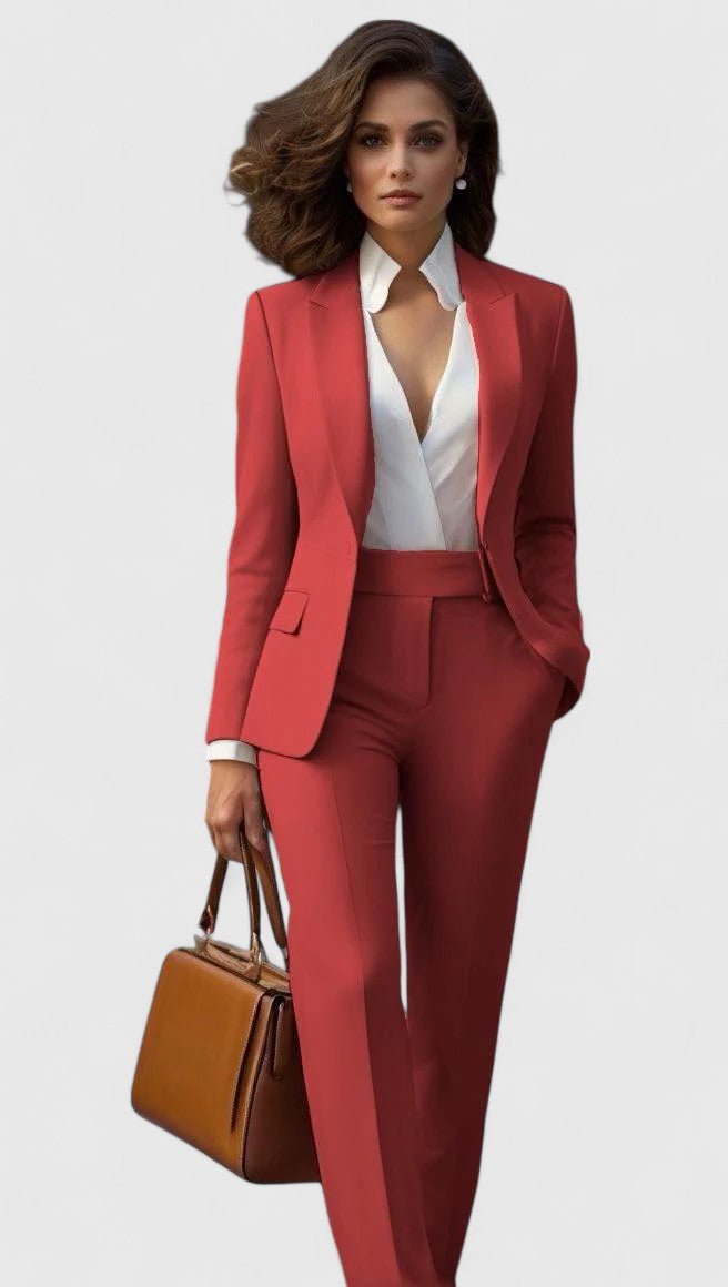 Coral tailored blazer and trouser suit set, front view
