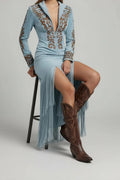 Western Fringe Evening Dress – Long-Sleeve Embroidered Maxi Gown