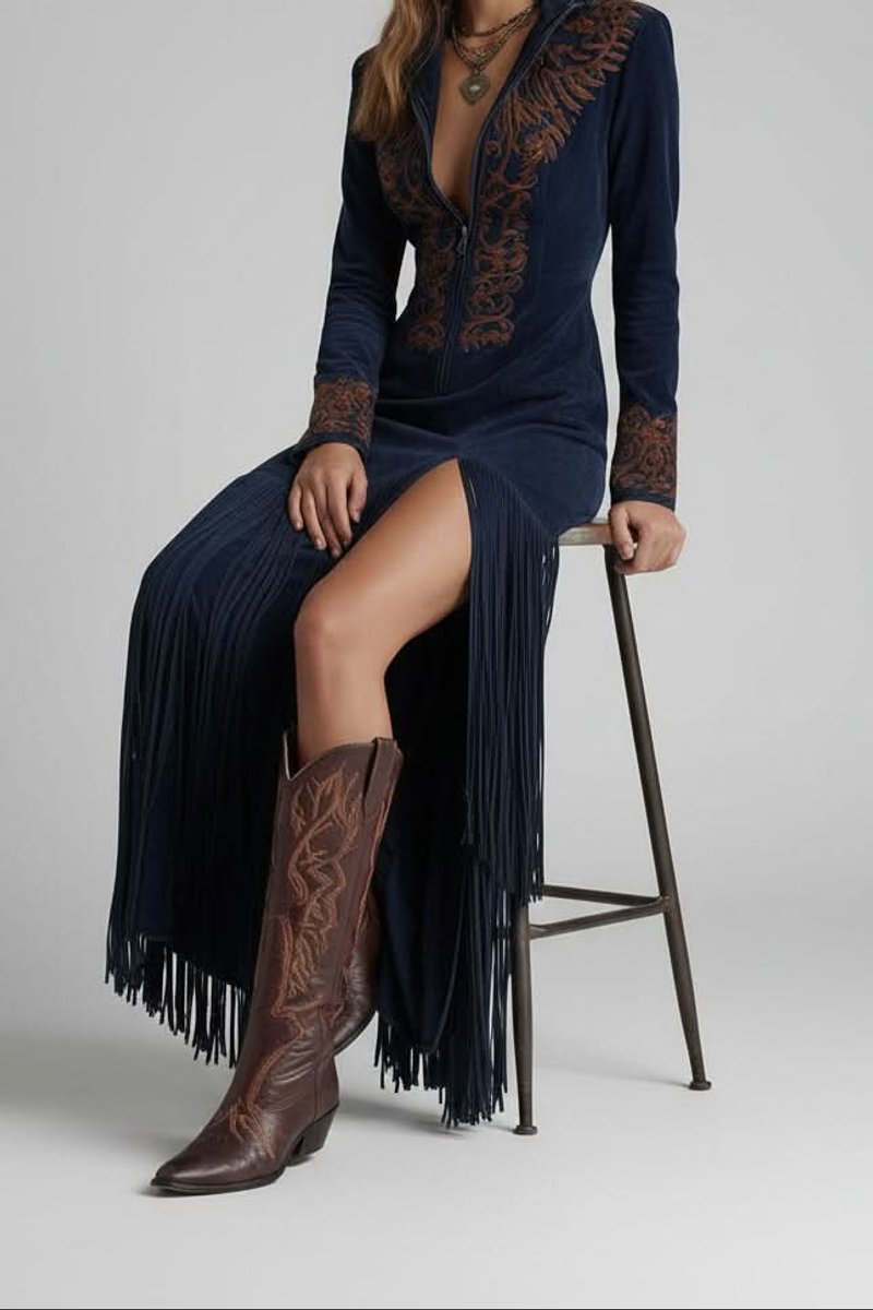 Blue Western Fringe Evening Dress, front view
