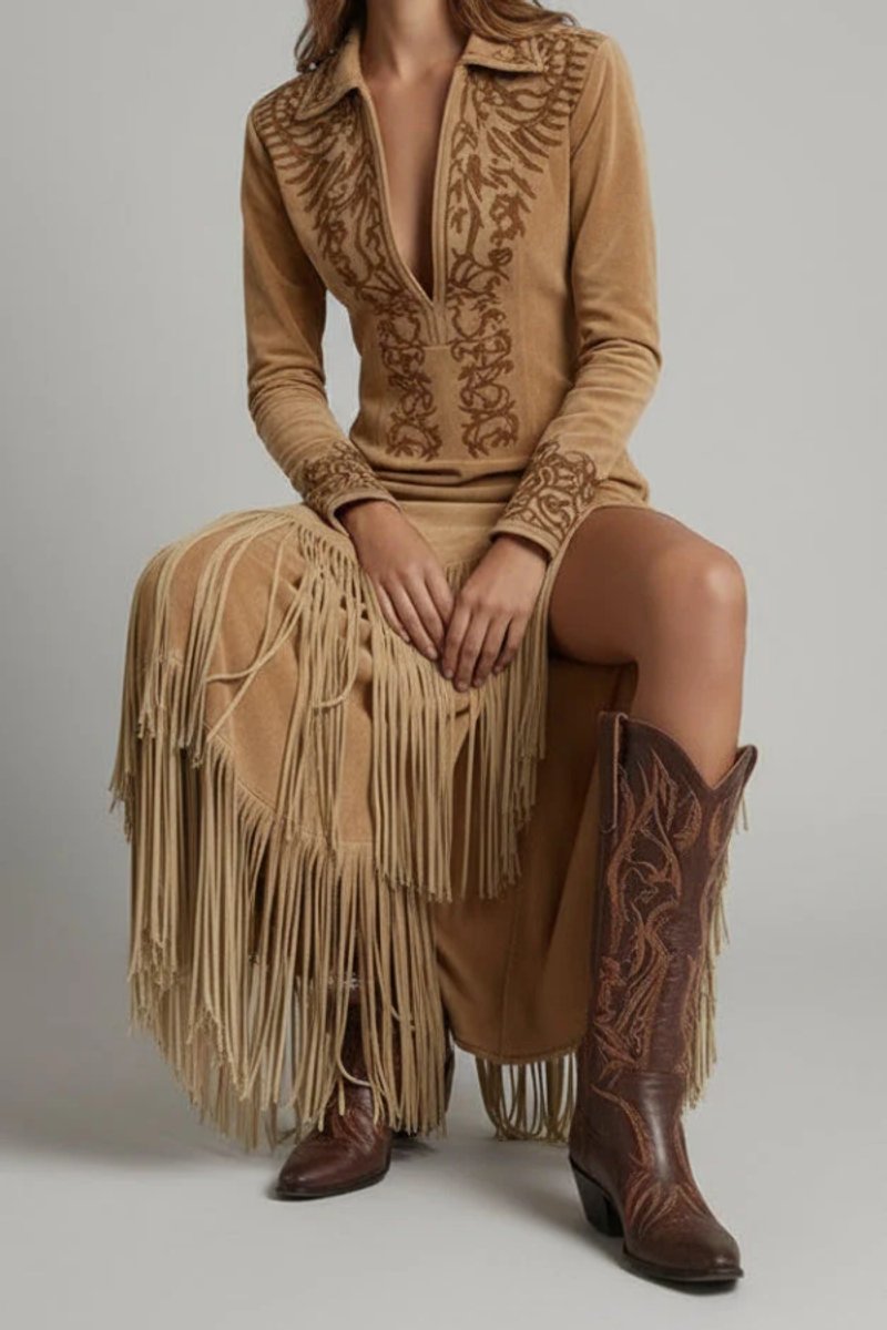 Western Fringe Evening Dress – Long-Sleeve Embroidered Maxi Gown