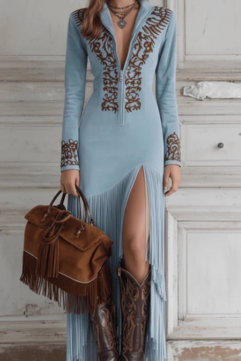 Western Fringe Evening Dress – Long-Sleeve Embroidered Maxi Gown