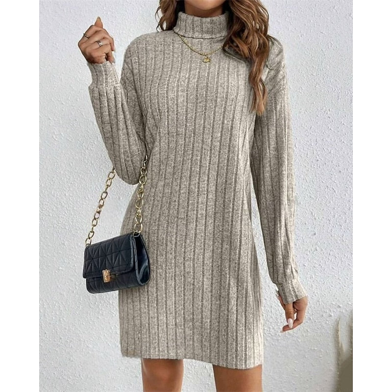 Apricot Ribbed Roll Neck Mini Dress