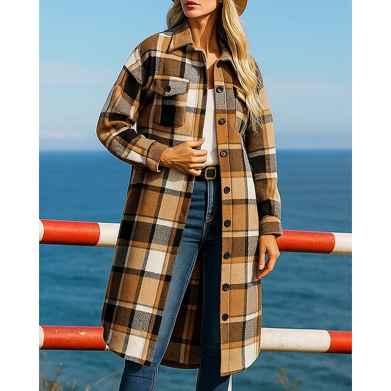Khaki checked longline coat, front view with button placket and chest pocket
