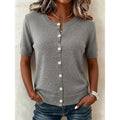 Gray button-front short sleeve top, front view