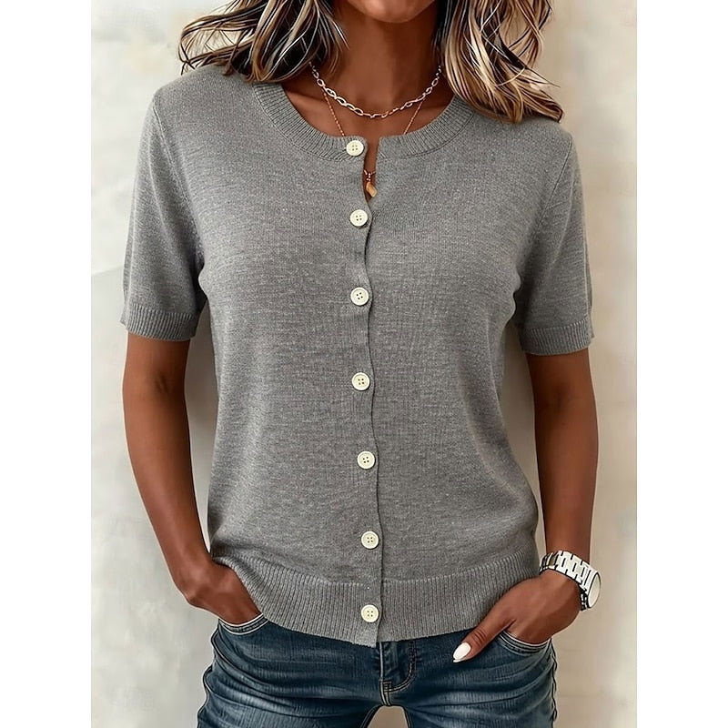 Gray button-front short sleeve top, front view