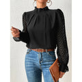 Black high-neck long sleeve blouse, front view