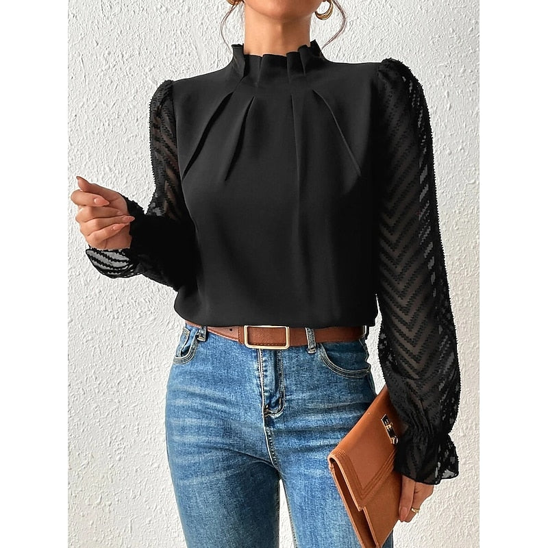 Black high-neck long sleeve blouse, front view