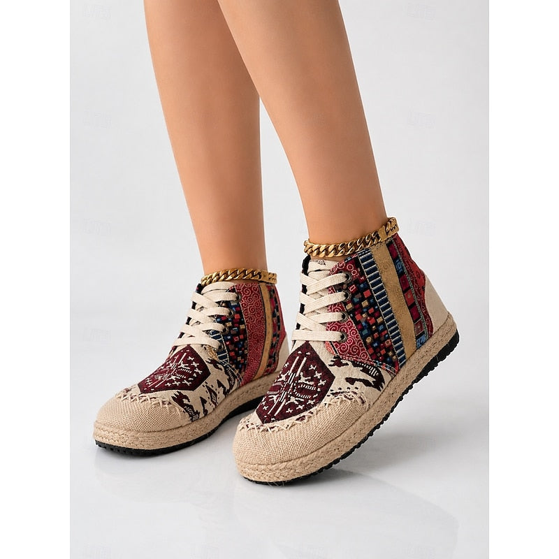Red boho woven pattern Trainers, front view