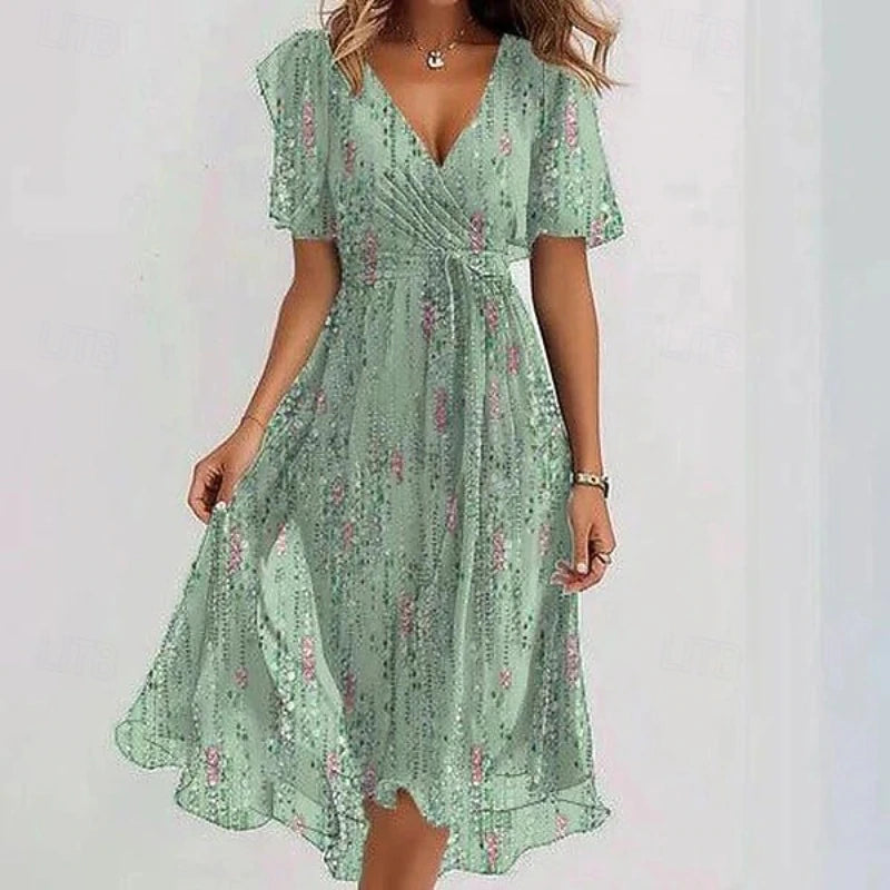 Woman's Cocktail Floral Vacation Holiday Midi Dress