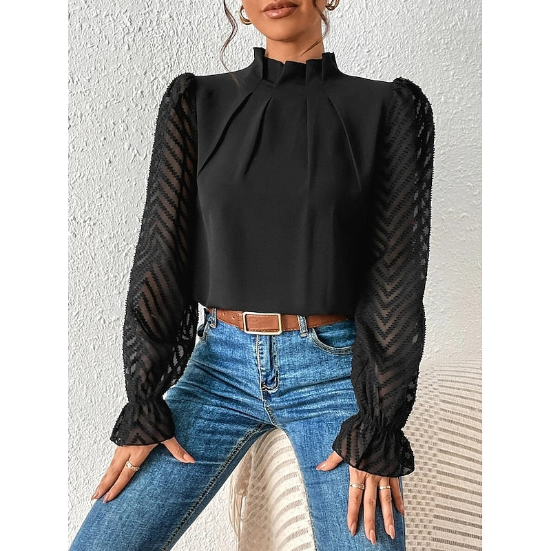 High-Neck Long Sleeve Blouse with Pleated Detail