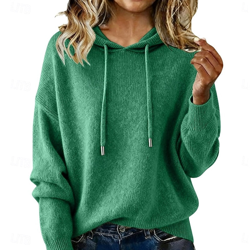 Green relaxed hooded knit jumper, front view