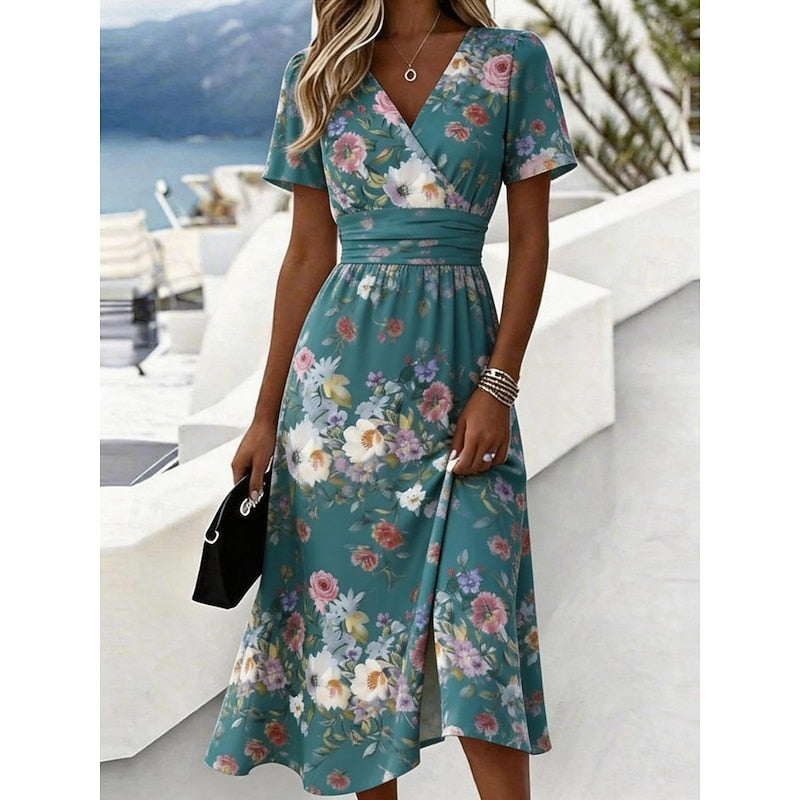 Watercolour floral midi dress with metallic gold accents