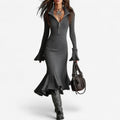 Grey zip collar fluted midi jumper dress, front view