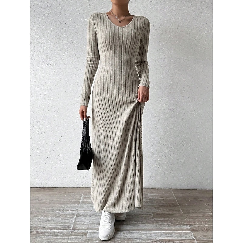 Green Ribbed V-Neck Maxi Dress